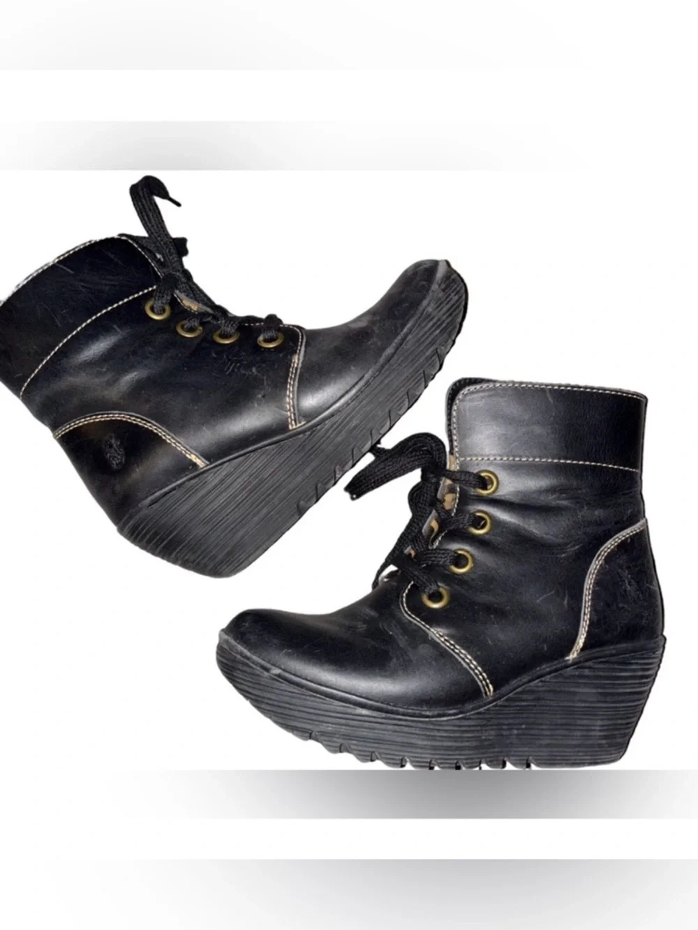 Fly London Ankle Wedge Boots Lace Up black Leather